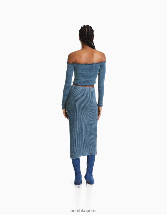 azul claro Bershka mujer camiseta ajustada de manga larga con cremallera y efecto desteñido 806J6B401