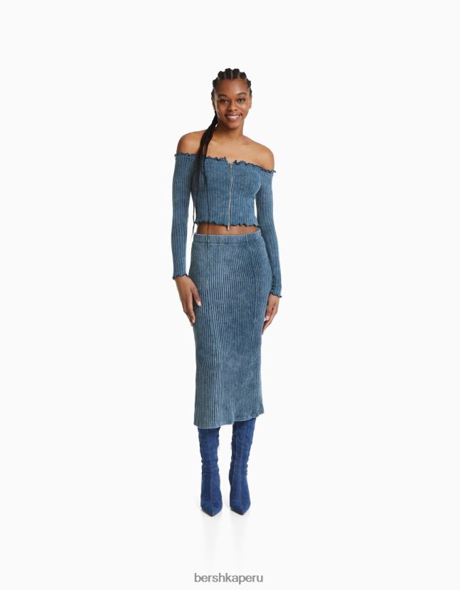 azul claro Bershka mujer camiseta ajustada de manga larga con cremallera y efecto desteñido 806J6B401