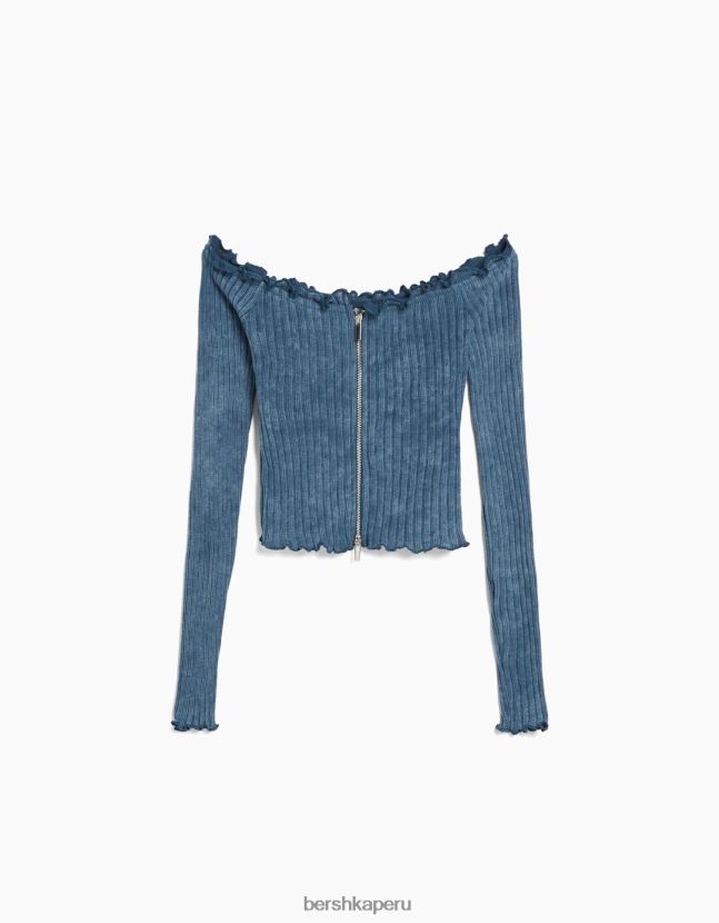 azul claro Bershka mujer camiseta ajustada de manga larga con cremallera y efecto desteñido 806J6B401