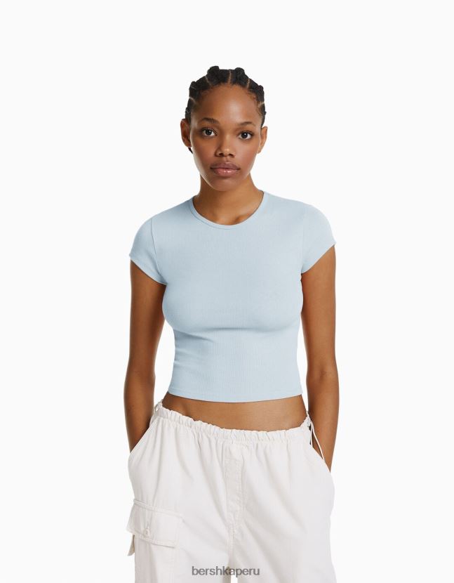 azul claro Bershka mujer camiseta de canalé manga corta 806J6B348