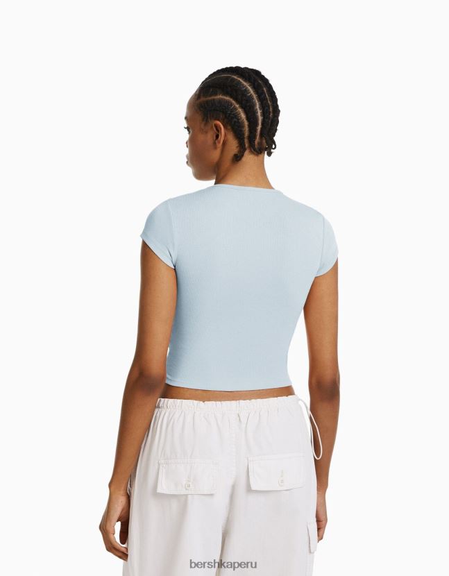 azul claro Bershka mujer camiseta de canalé manga corta 806J6B348