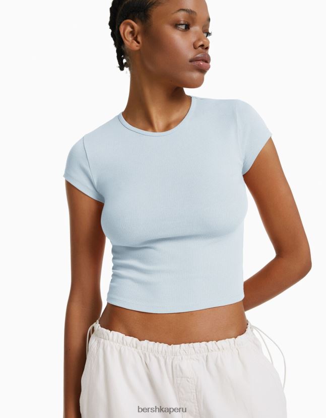 azul claro Bershka mujer camiseta de canalé manga corta 806J6B348