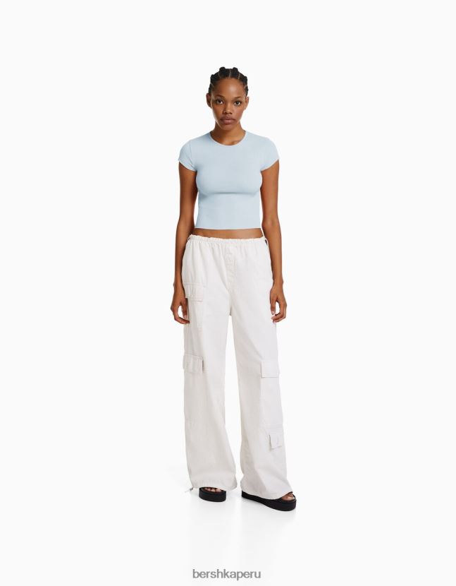azul claro Bershka mujer camiseta de canalé manga corta 806J6B348