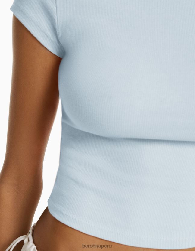 azul claro Bershka mujer camiseta de canalé manga corta 806J6B348