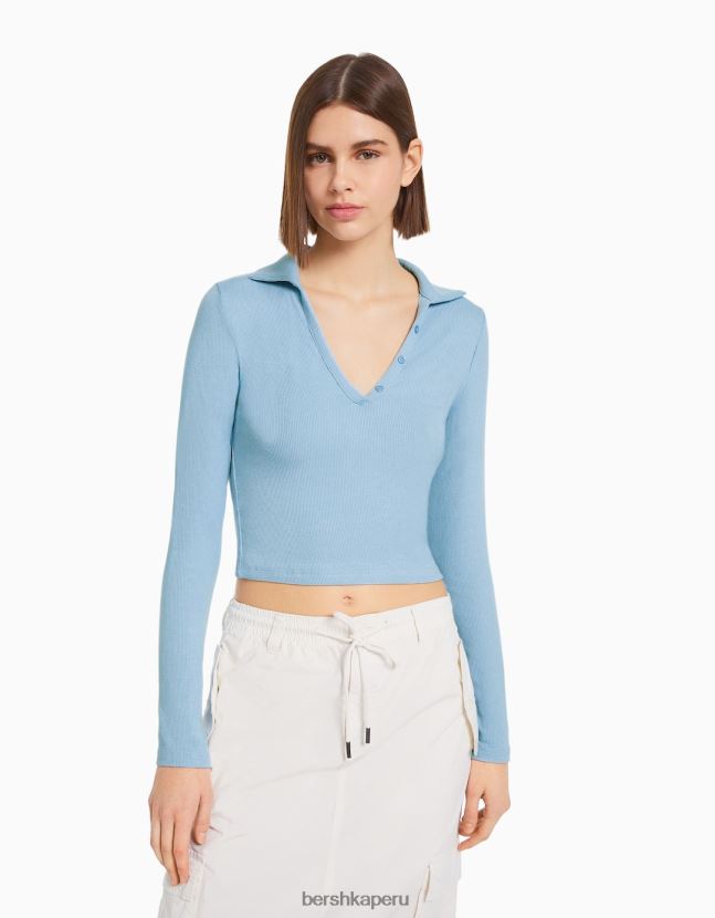 azul claro Bershka mujer camiseta de manga larga con cuello de polo abotonado 806J6B444