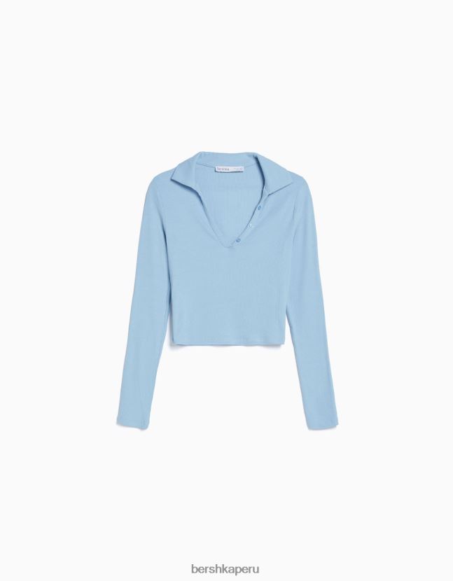 azul claro Bershka mujer camiseta de manga larga con cuello de polo abotonado 806J6B444
