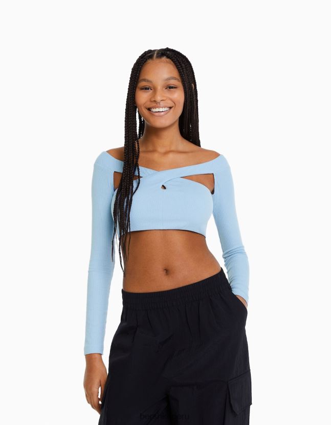 azul claro Bershka mujer camiseta de manga larga con escote cruzado 806J6B416