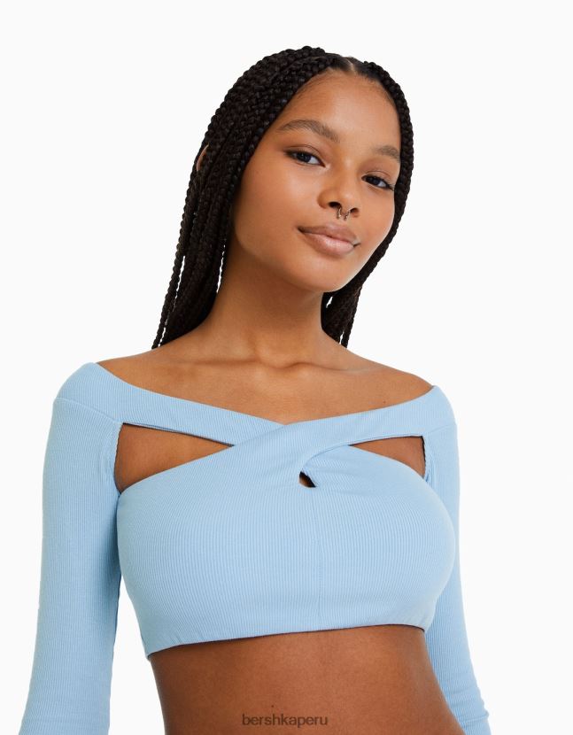 azul claro Bershka mujer camiseta de manga larga con escote cruzado 806J6B416