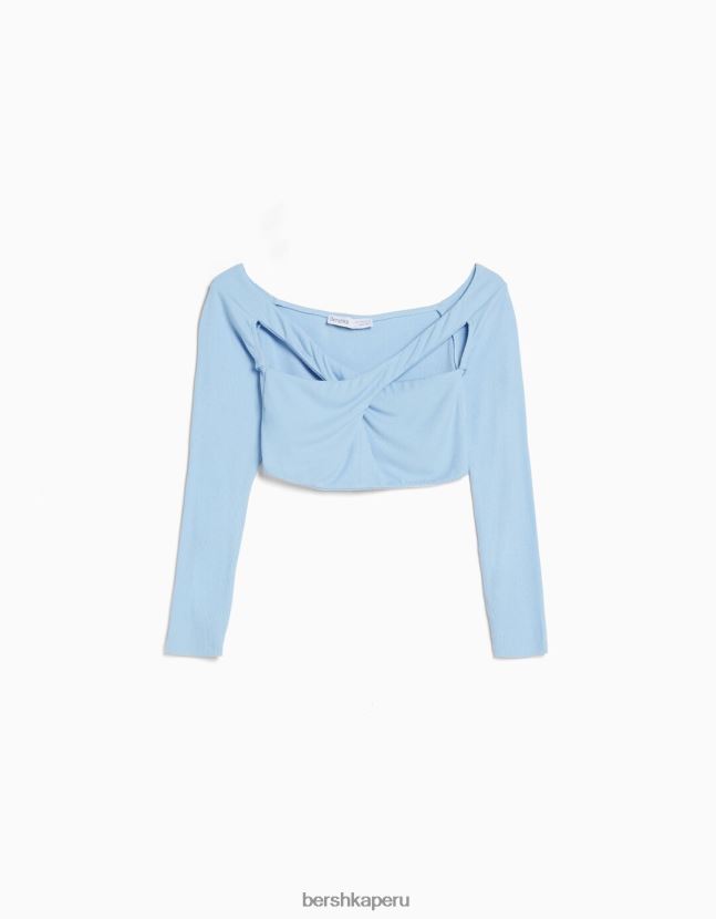 azul claro Bershka mujer camiseta de manga larga con escote cruzado 806J6B416