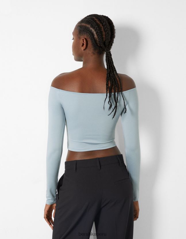 azul claro Bershka mujer camiseta de manga larga con hombros descubiertos y detalle fruncido 806J6B566