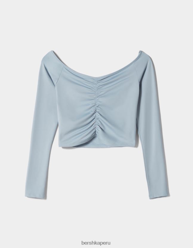 azul claro Bershka mujer camiseta de manga larga con hombros descubiertos y detalle fruncido 806J6B566