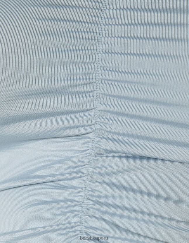 azul claro Bershka mujer camiseta de manga larga con hombros descubiertos y detalle fruncido 806J6B566