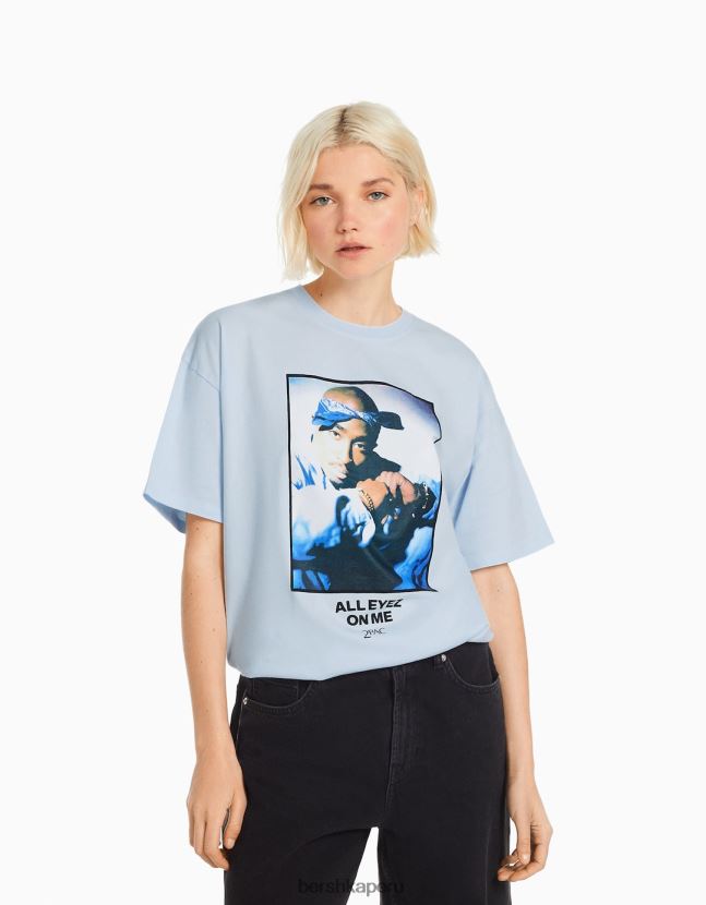 azul claro Bershka mujer camiseta tupac manga corta 806J6B340