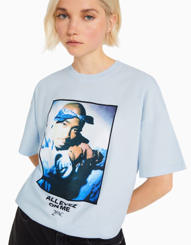 azul claro Bershka mujer camiseta tupac manga corta 806J6B340