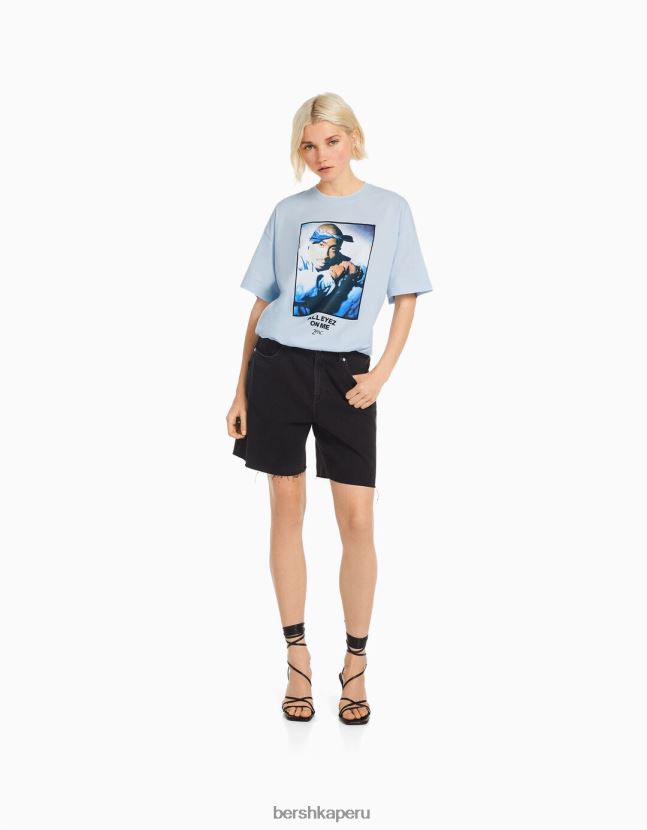 azul claro Bershka mujer camiseta tupac manga corta 806J6B340