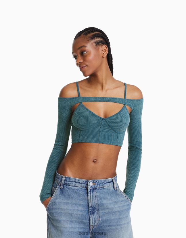 azul claro Bershka mujer top de tiras con manguitos desteñidos 806J6B400