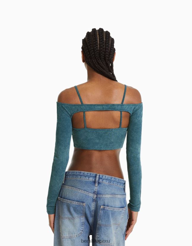azul claro Bershka mujer top de tiras con manguitos desteñidos 806J6B400