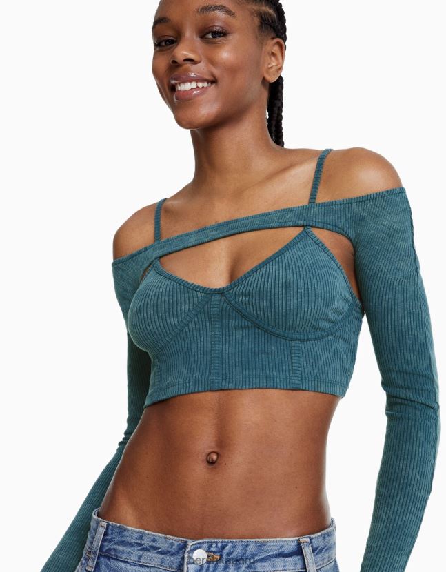 azul claro Bershka mujer top de tiras con manguitos desteñidos 806J6B400