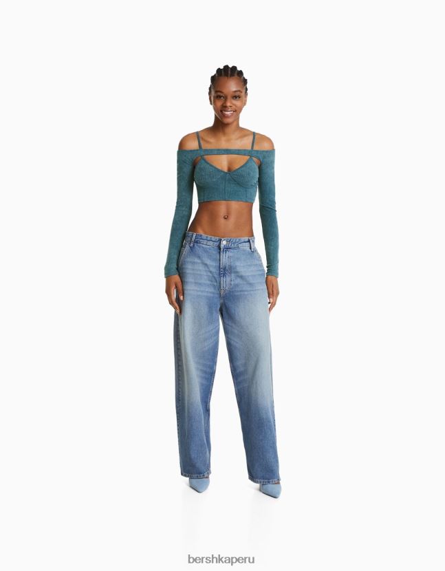 azul claro Bershka mujer top de tiras con manguitos desteñidos 806J6B400