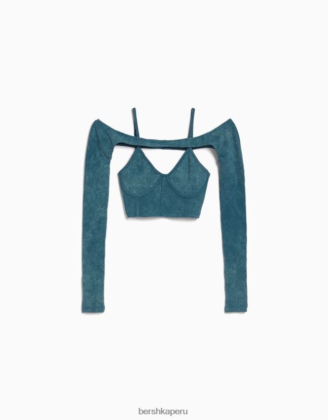 azul claro Bershka mujer top de tiras con manguitos desteñidos 806J6B400