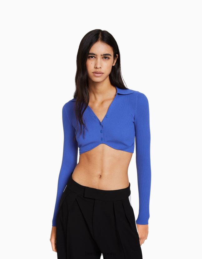 azul oscuro Bershka mujer cárdigan corto con cuello de polo y botones 806J6B563
