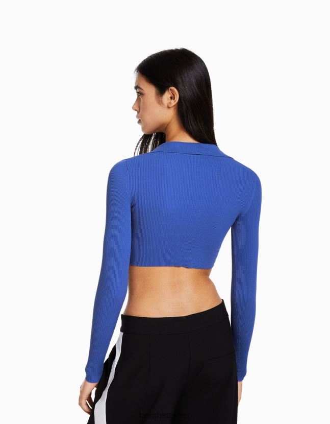 azul oscuro Bershka mujer cárdigan corto con cuello de polo y botones 806J6B563