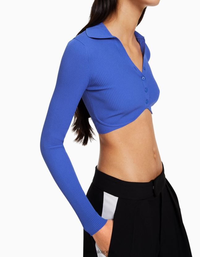 azul oscuro Bershka mujer cárdigan corto con cuello de polo y botones 806J6B563