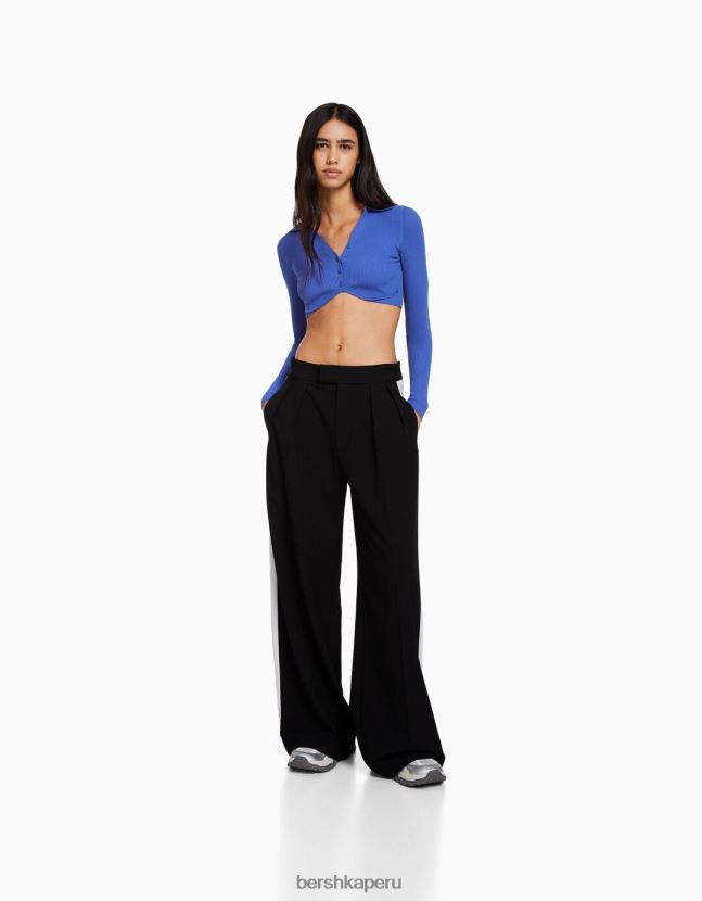 azul oscuro Bershka mujer cárdigan corto con cuello de polo y botones 806J6B563