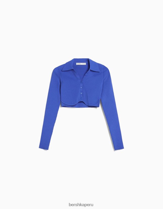 azul oscuro Bershka mujer cárdigan corto con cuello de polo y botones 806J6B563