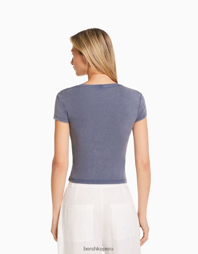 azul oscuro Bershka mujer camiseta ajustada de manga corta 806J6B480