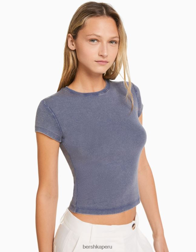 azul oscuro Bershka mujer camiseta ajustada de manga corta 806J6B480