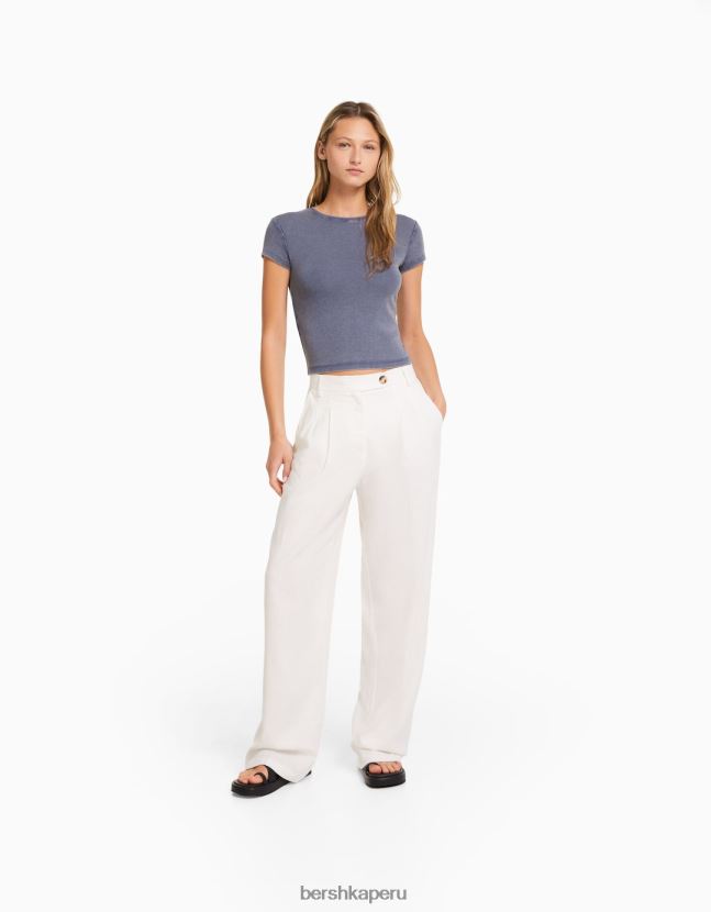 azul oscuro Bershka mujer camiseta ajustada de manga corta 806J6B480