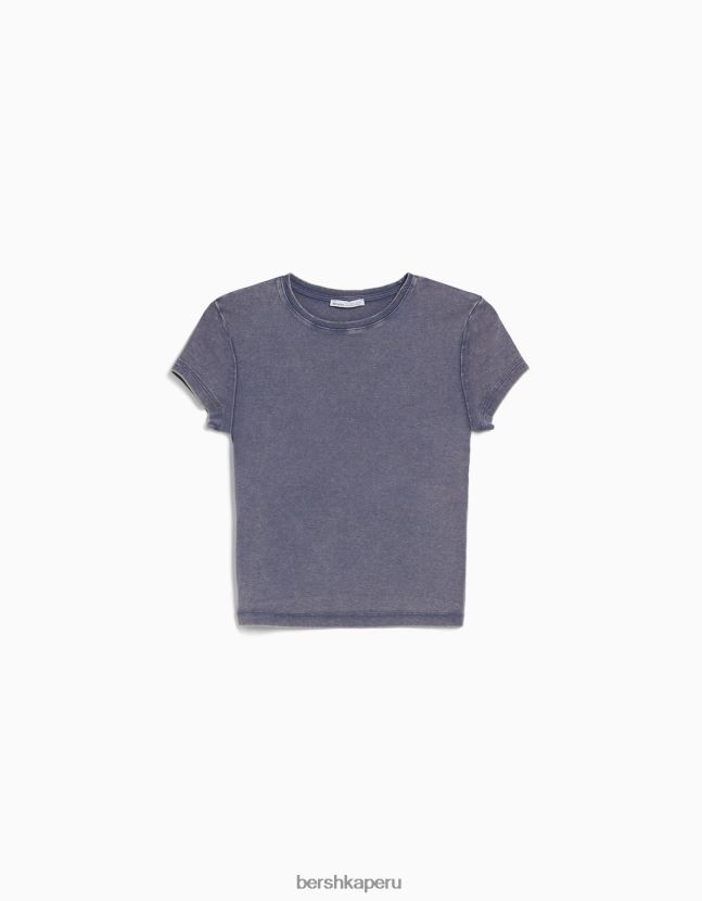 azul oscuro Bershka mujer camiseta ajustada de manga corta 806J6B480