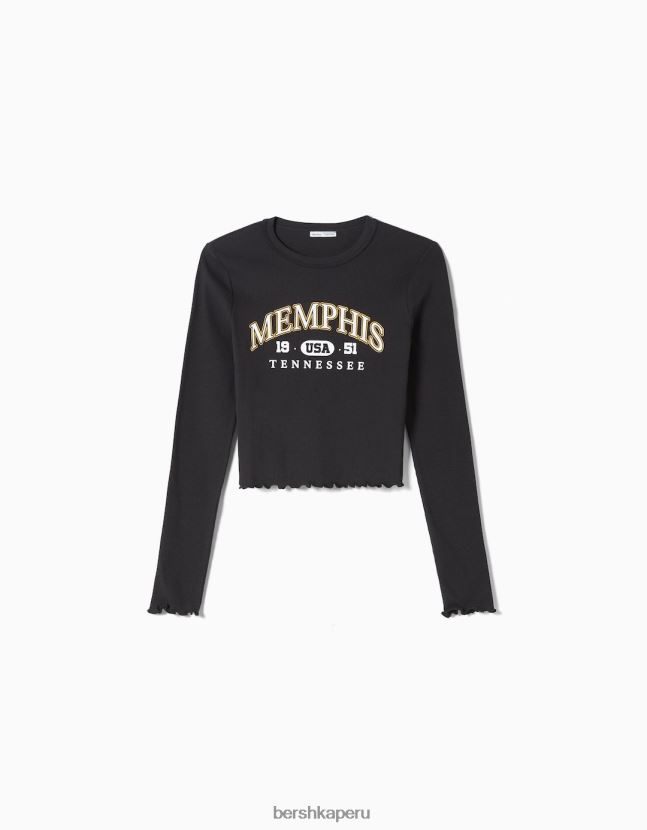 azul oscuro Bershka mujer camiseta corta de manga larga con estampado 806J6B530