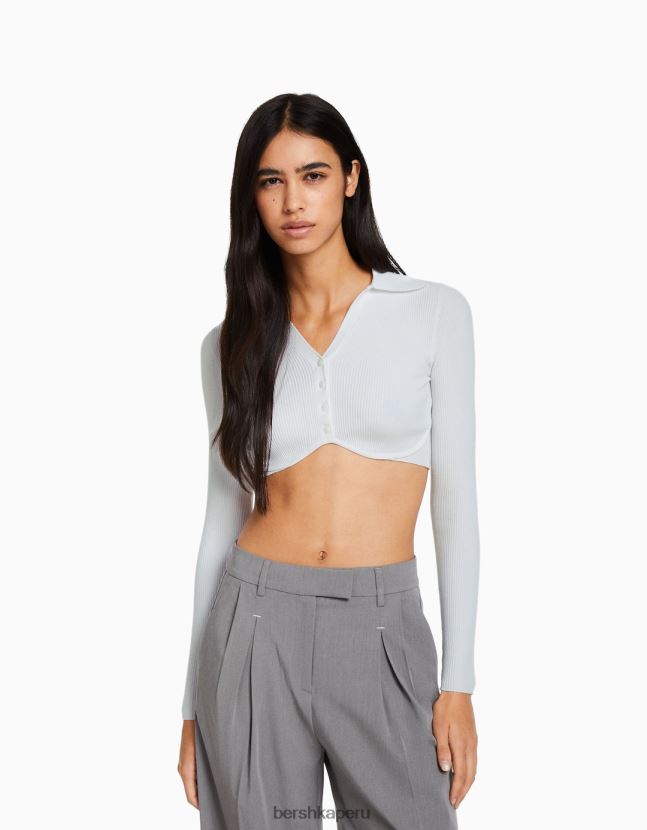blanco Bershka mujer cárdigan corto con cuello de polo y botones 806J6B562