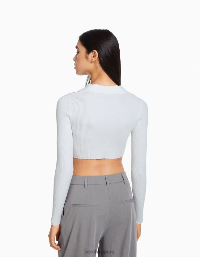blanco Bershka mujer cárdigan corto con cuello de polo y botones 806J6B562