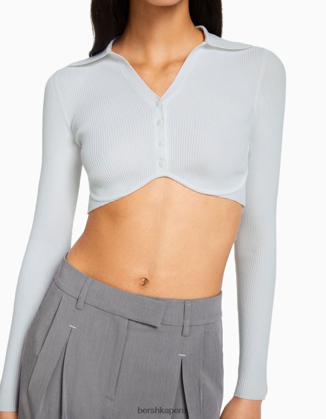 blanco Bershka mujer cárdigan corto con cuello de polo y botones 806J6B562
