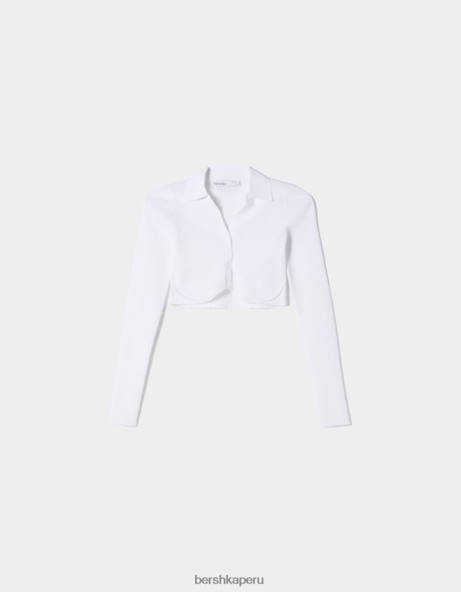 blanco Bershka mujer cárdigan corto con cuello de polo y botones 806J6B562