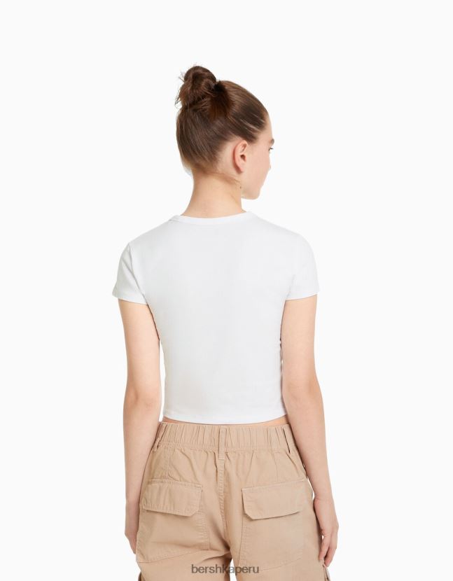 blanco Bershka mujer camiseta ajustada de manga corta 806J6B617