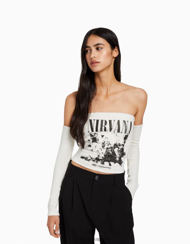 blanco Bershka mujer camiseta bandeau de manga larga con estampado de nirvana 806J6B520