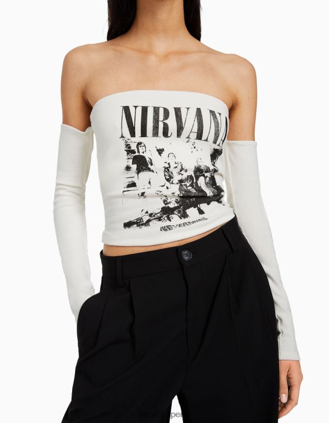 blanco Bershka mujer camiseta bandeau de manga larga con estampado de nirvana 806J6B520