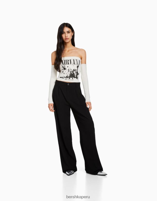 blanco Bershka mujer camiseta bandeau de manga larga con estampado de nirvana 806J6B520