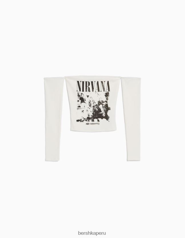 blanco Bershka mujer camiseta bandeau de manga larga con estampado de nirvana 806J6B520