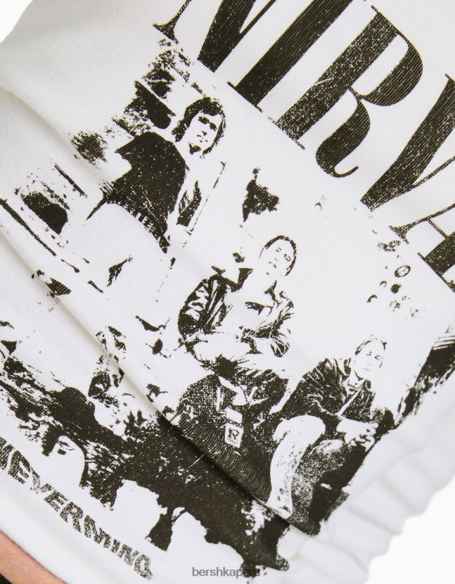 blanco Bershka mujer camiseta bandeau de manga larga con estampado de nirvana 806J6B520