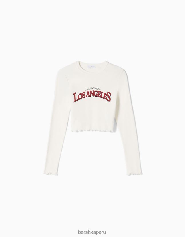 blanco Bershka mujer camiseta corta de manga larga con estampado 806J6B532