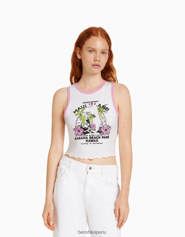 blanco Bershka mujer camiseta corta estampada sin mangas 806J6B295