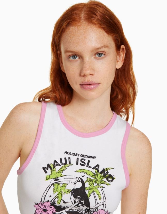 blanco Bershka mujer camiseta corta estampada sin mangas 806J6B295