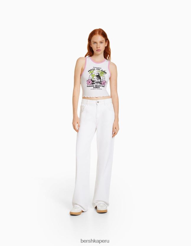 blanco Bershka mujer camiseta corta estampada sin mangas 806J6B295