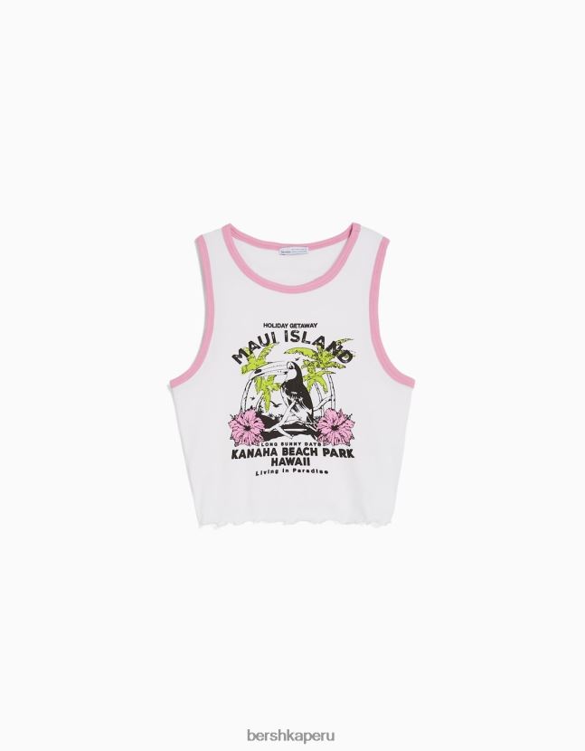 blanco Bershka mujer camiseta corta estampada sin mangas 806J6B295