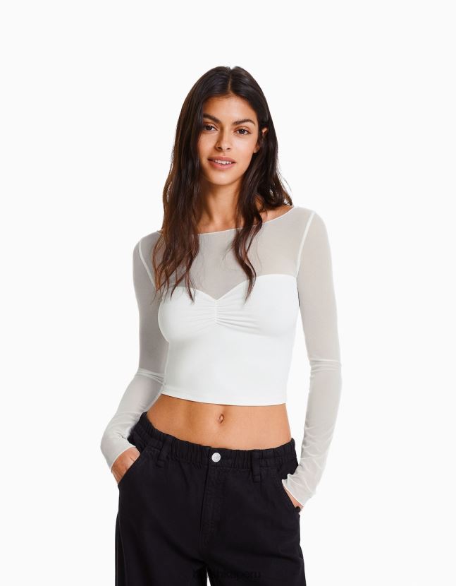 blanco Bershka mujer camiseta cropped de manga larga con tejido en contraste 806J6B498